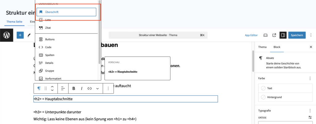 Screenshot zur Umwandlung eines normalen Textblocks in eine Überschrift