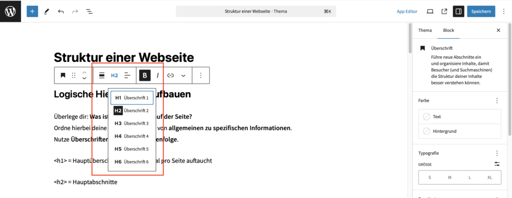 Screenshot zur Auswahl der richtigen Größe der Überschrift